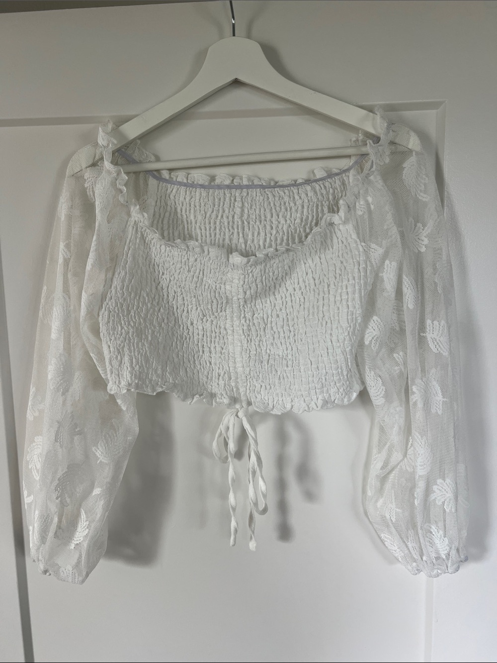 SHEIN White Smocked Tie-Front Sheer Sleeve Crop Top